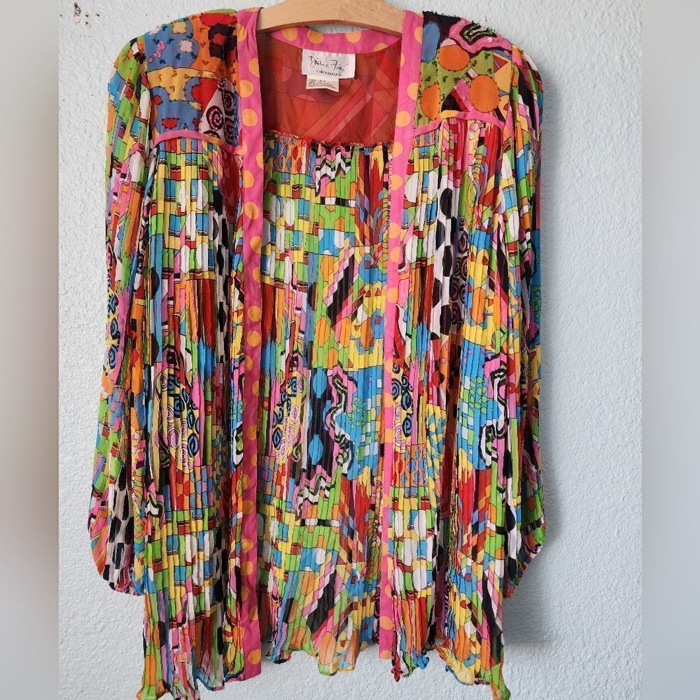 Diane Freis Colorful Women's Tunic Kimono Pleated Open Fron Cardigan